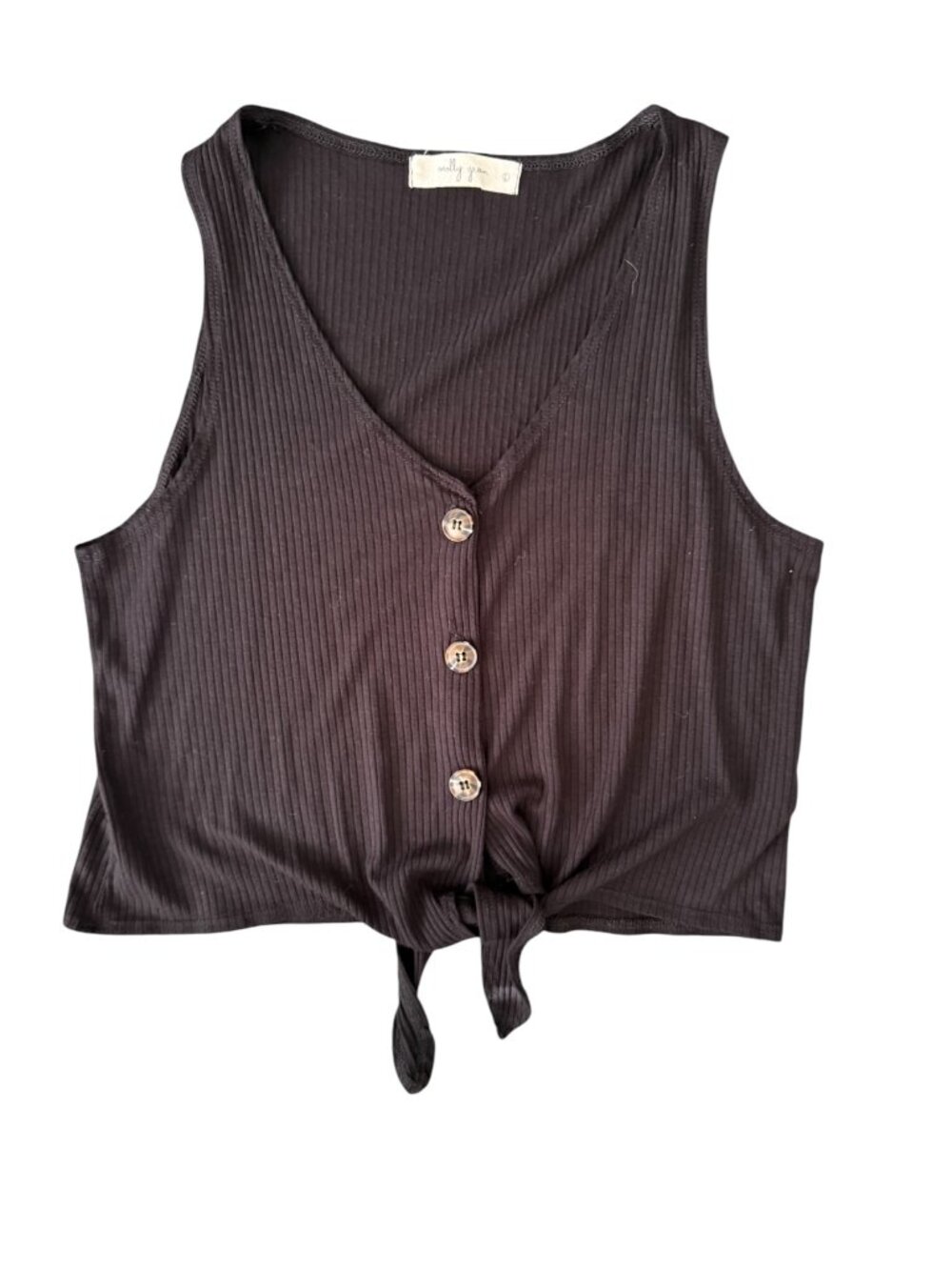Molly Green Ribbed Cropped Tie Front Black Button Down Tank Top- L